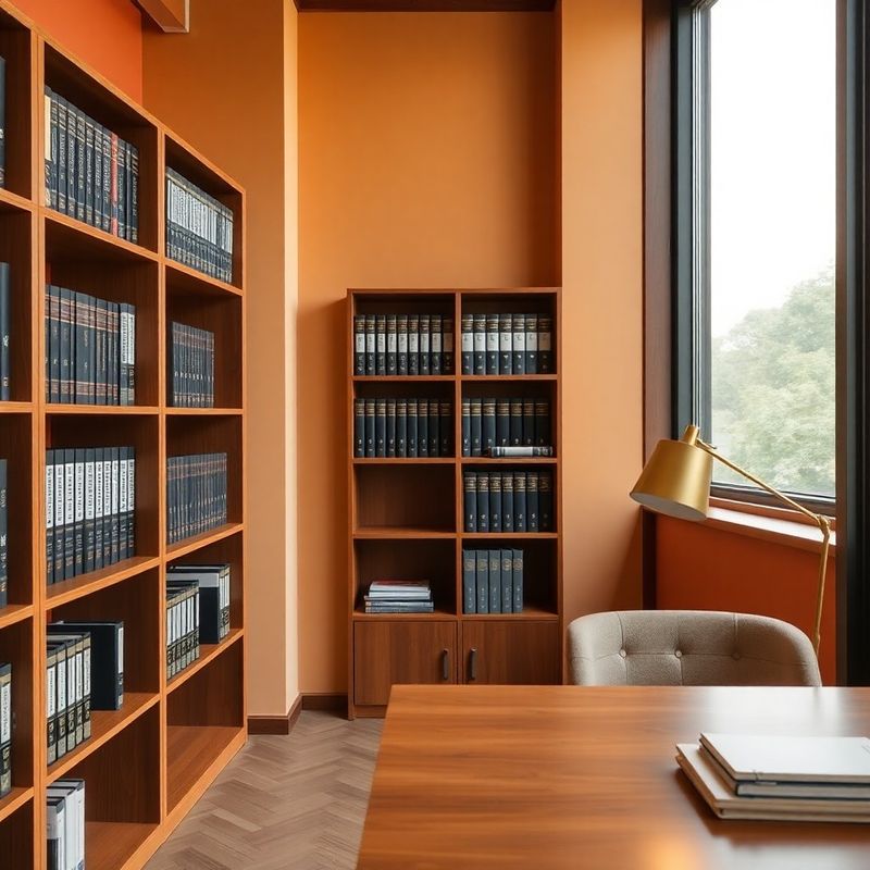 Birou boutique de consultanță cu pereți terracotta-cream și rafturi de lemn